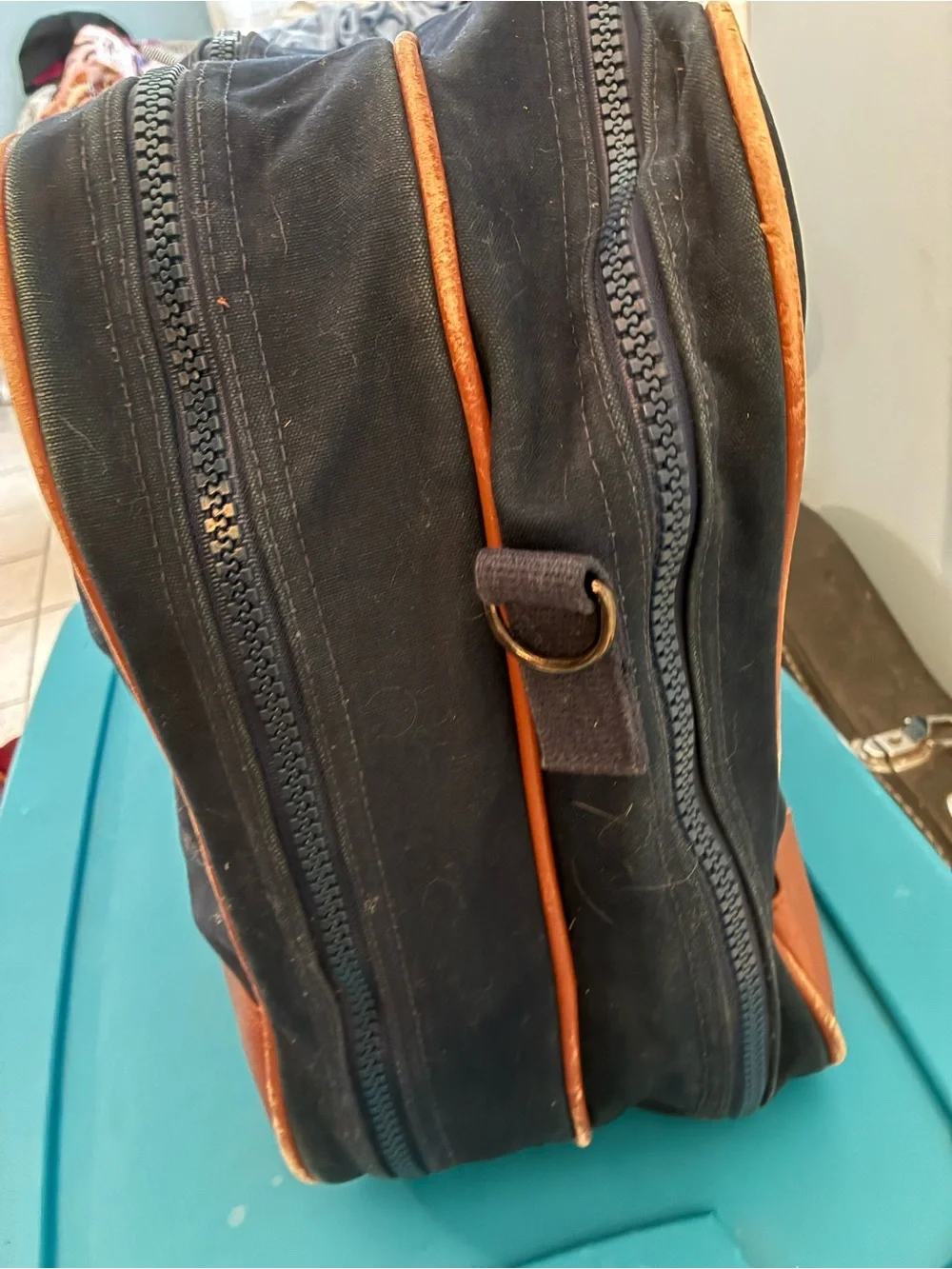 Vintage Lands' End Navy Canvas carryon with Brown Leather Trim